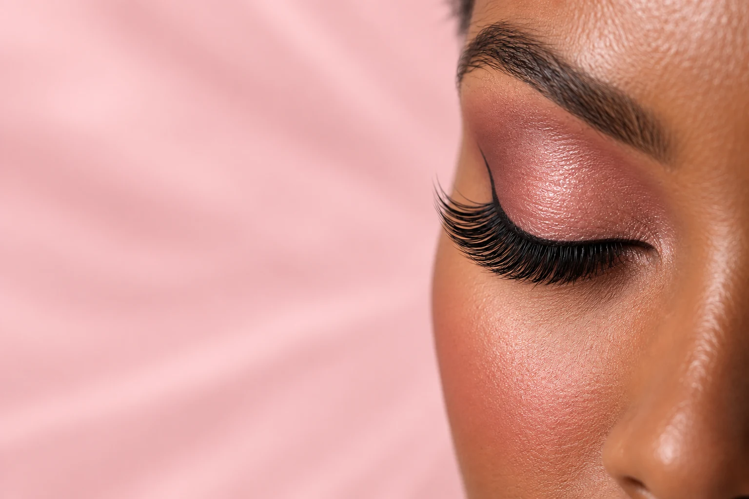 Rose shimmer · soft pink · warm gold makeup and professionally styled eyelash extensions